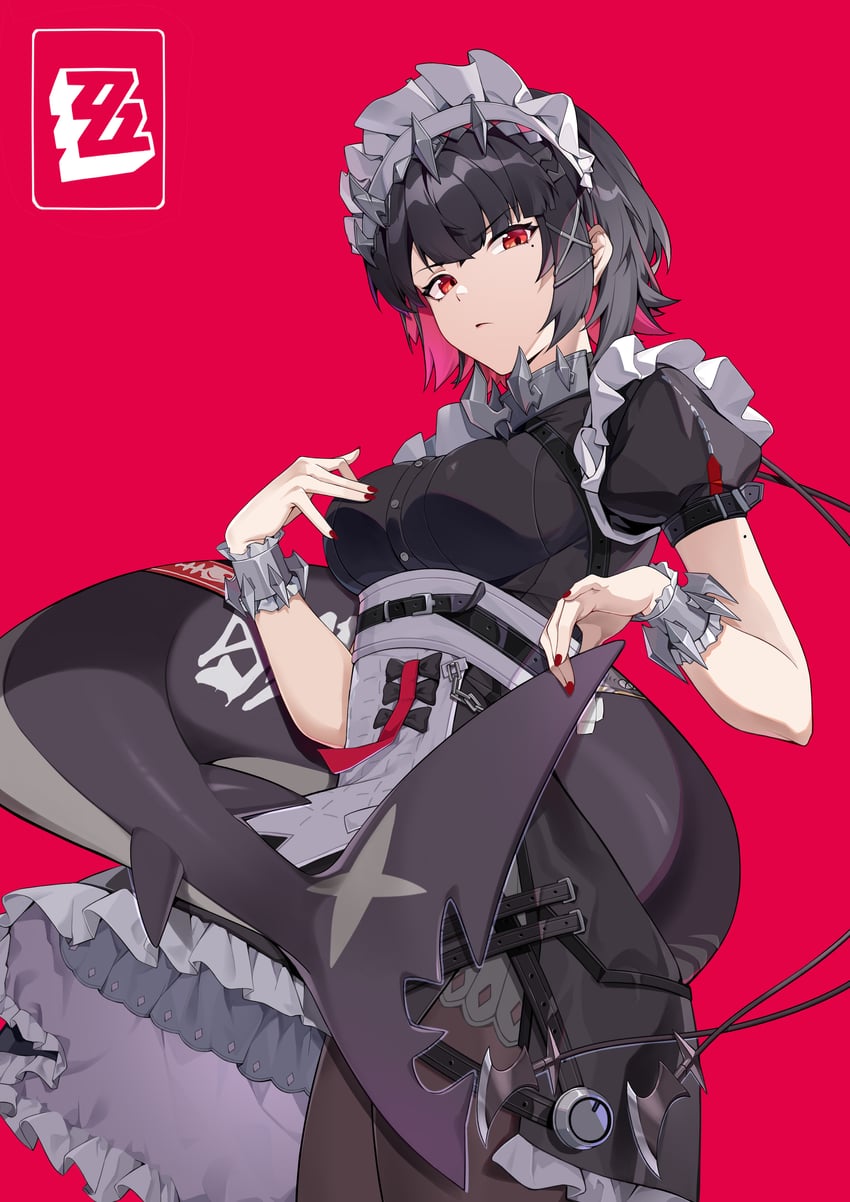 Character image - Sitting with legs spread, wearing a black and gray maid outfit with ruffles and straps, red eyes, se