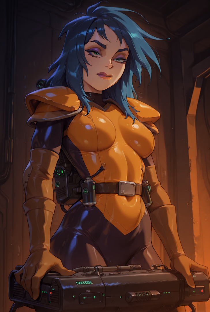 Character image - seductive expression, leaning forward with hands on a control panel, wearing tight orange top and da