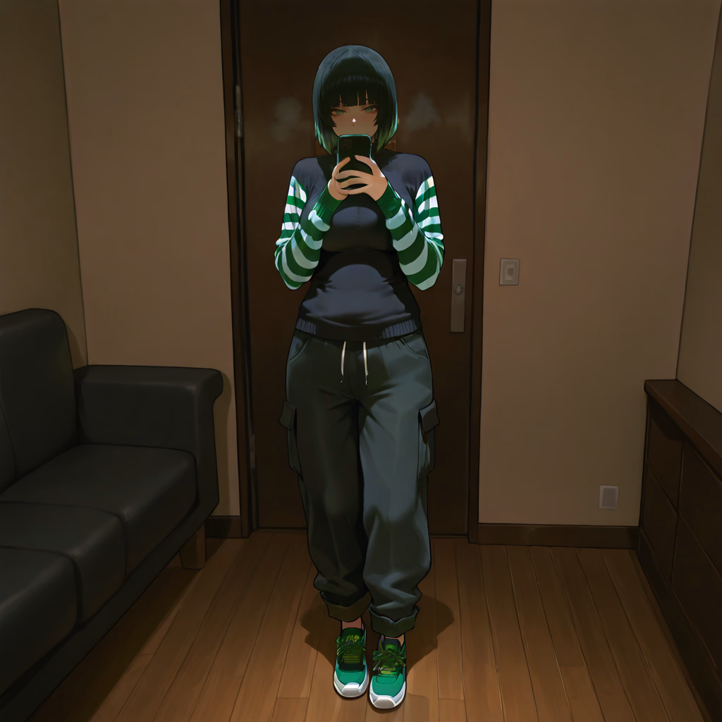 Character image - standing in hallway, taking mirror selfie, wearing green and white striped sweater, black top, cargo
