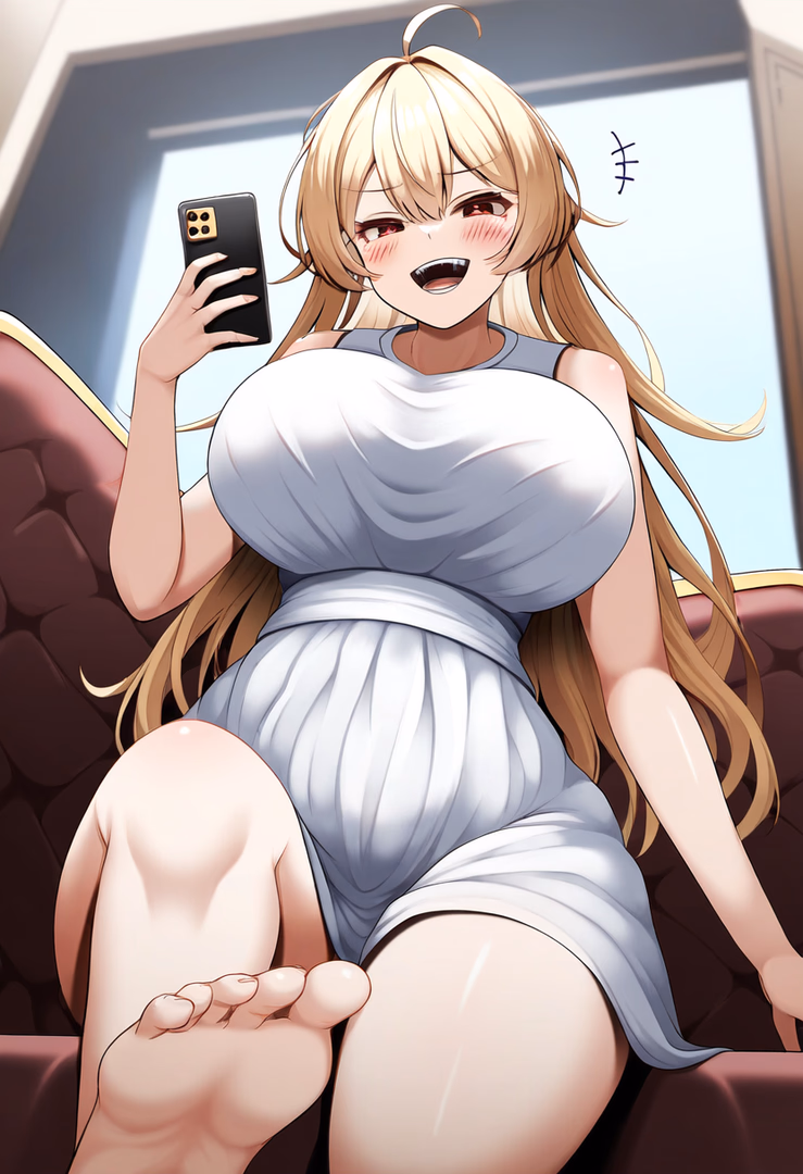 Character image - nude on couch, legs spread wide, holding phone, aroused expression with flushed cheeks and open mout