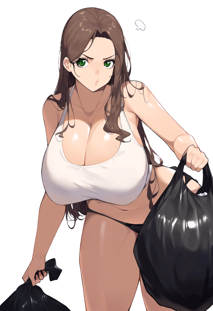 Character image - angry expression, holding two black trash bags, wearing white tank top and black underwear, breasts 