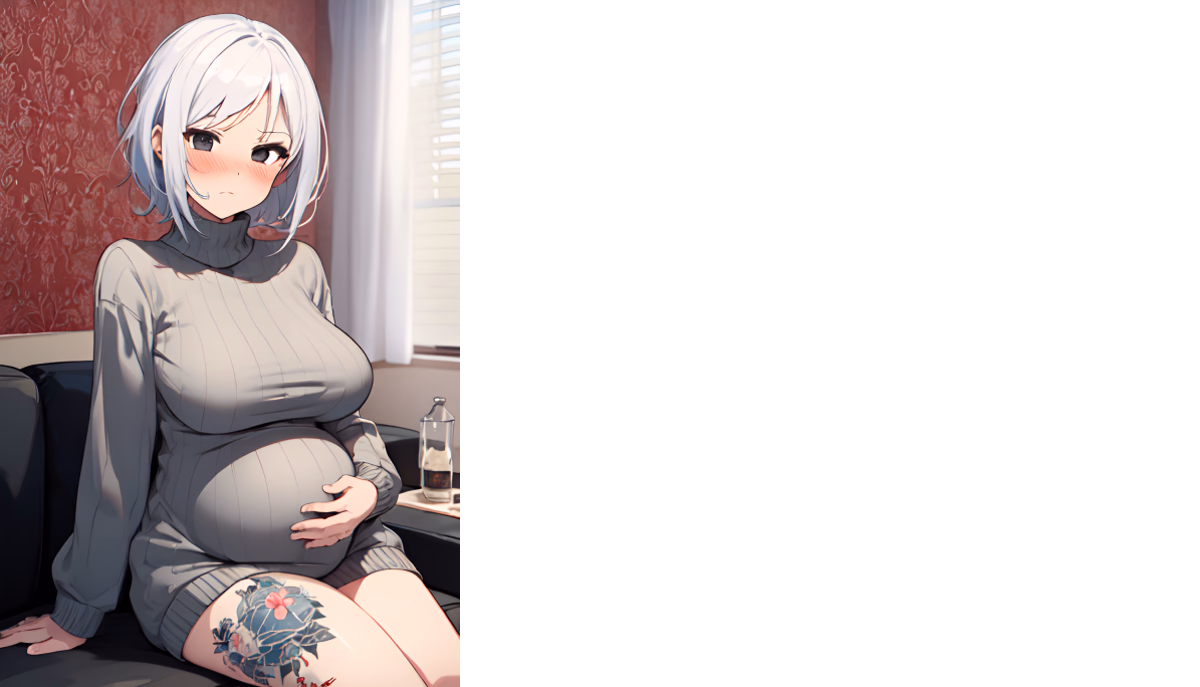 Character image - pregnant woman sitting on couch, hands on belly, shy expression, wearing gray turtleneck sweater, th