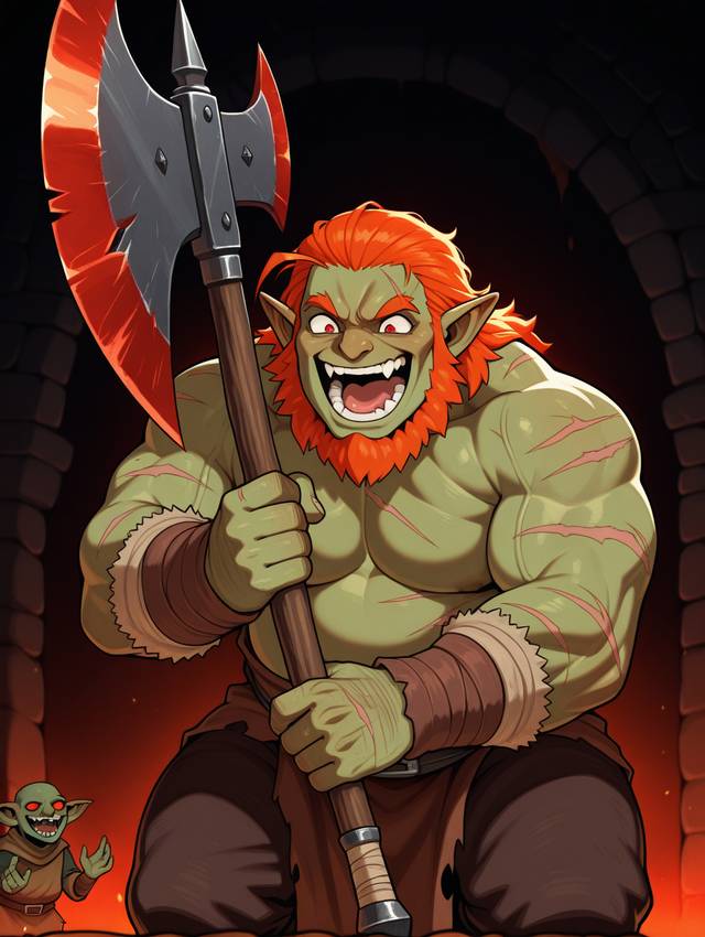 Character image - angry expression, holding large axe, muscular green orc with red hair and beard, kneeling in dungeon