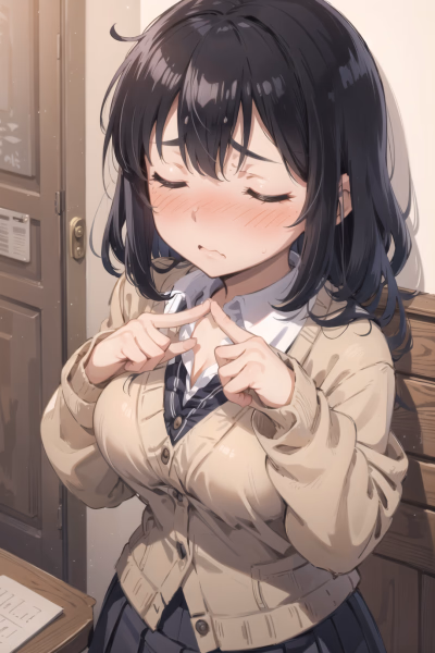 キャラクター画像 - shy expression, blushing, hands making heart shape over chest, wearing school uniform with cardigan,