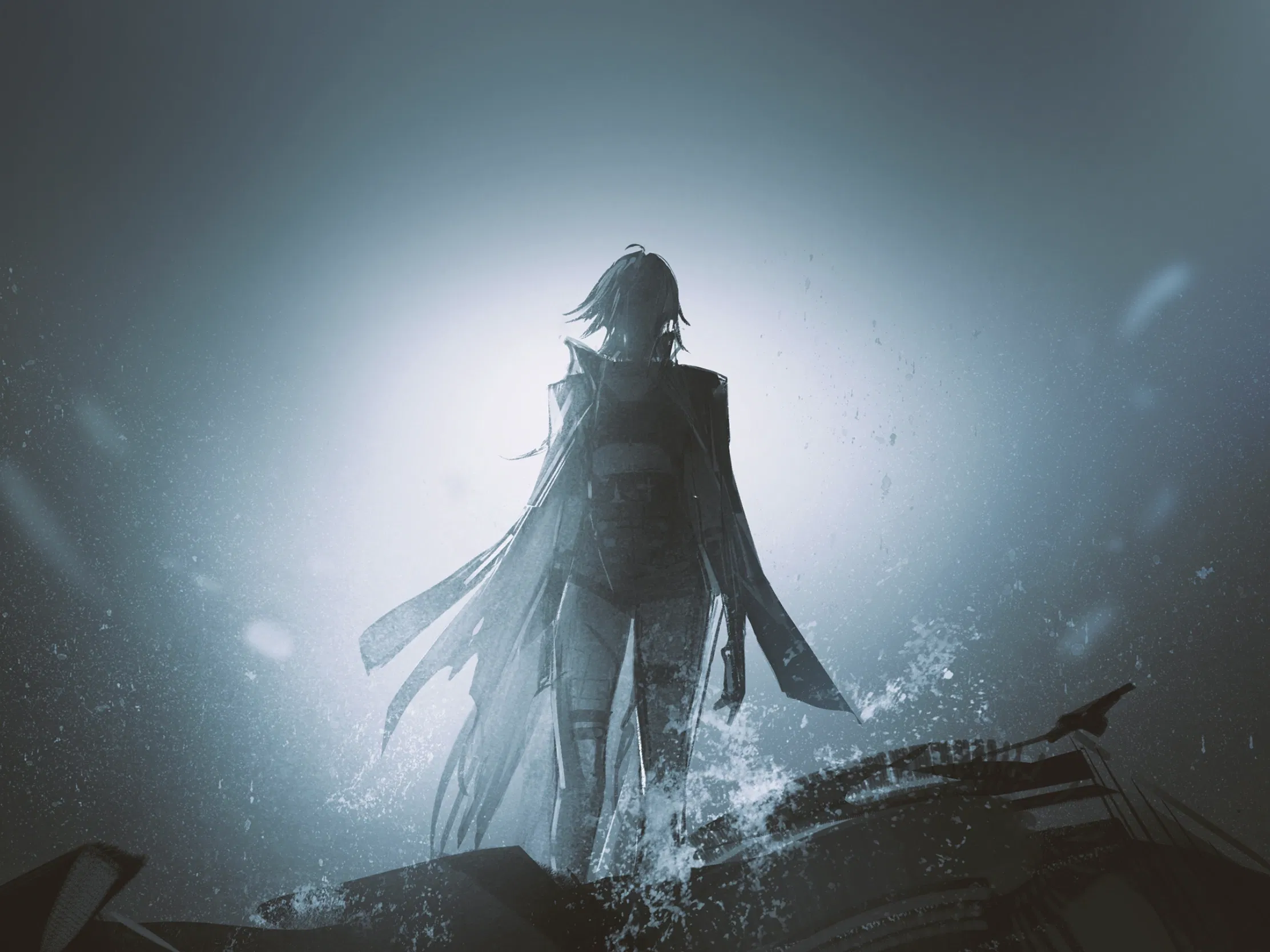 Character image - silhouette of a person standing in water, back to viewer, long hair and flowing coat, dramatic backl