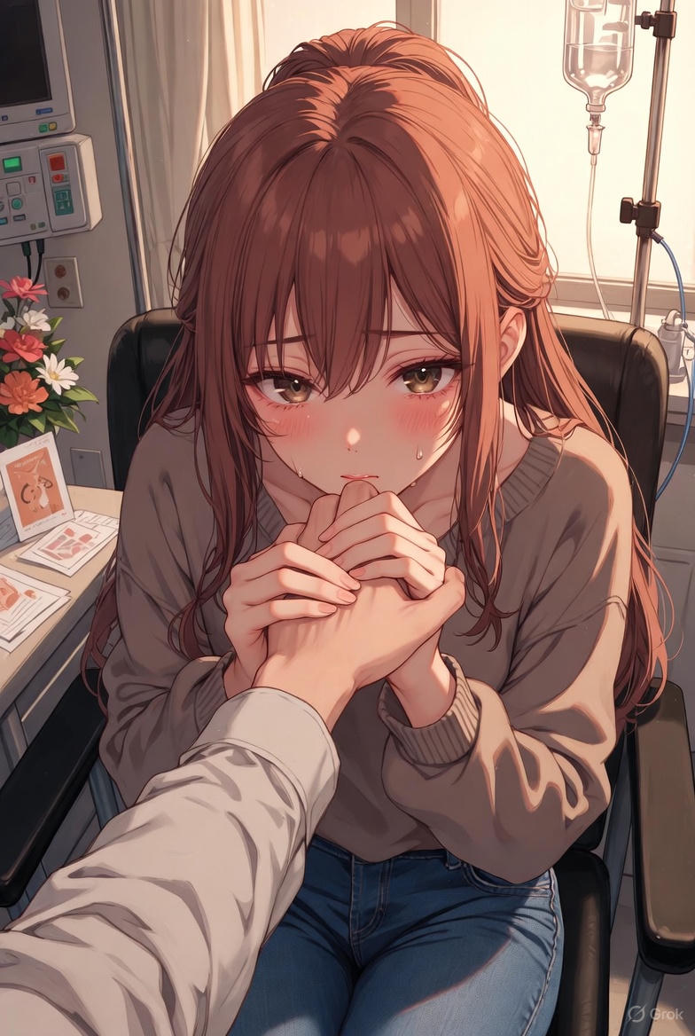 Character image - sad expression in hospital, sitting in chair, hands clasped, tears in eyes, wearing sweater and jean