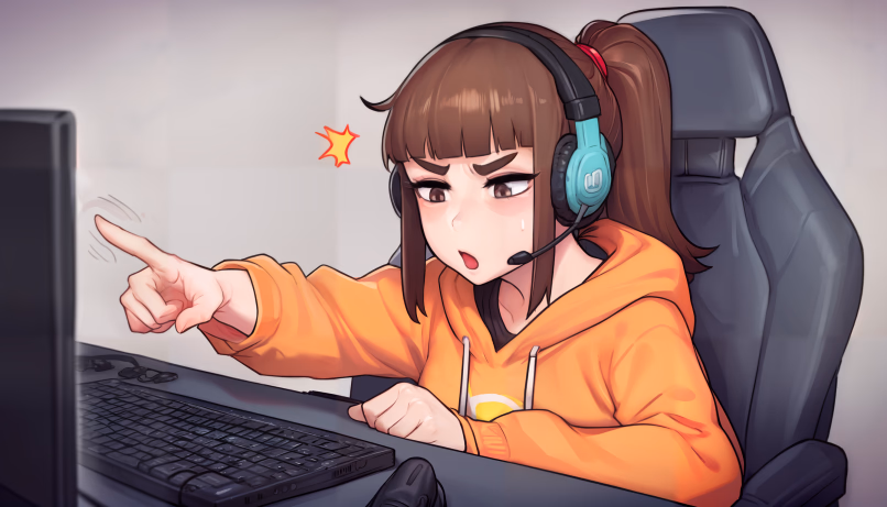Character image - angry expression, pointing finger at computer screen, wearing orange hoodie and gaming headset, sitt