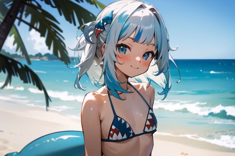 Character image - at beach in bikini, happy and playful, light blue hair, smiling, sitting on sand, ocean background, 