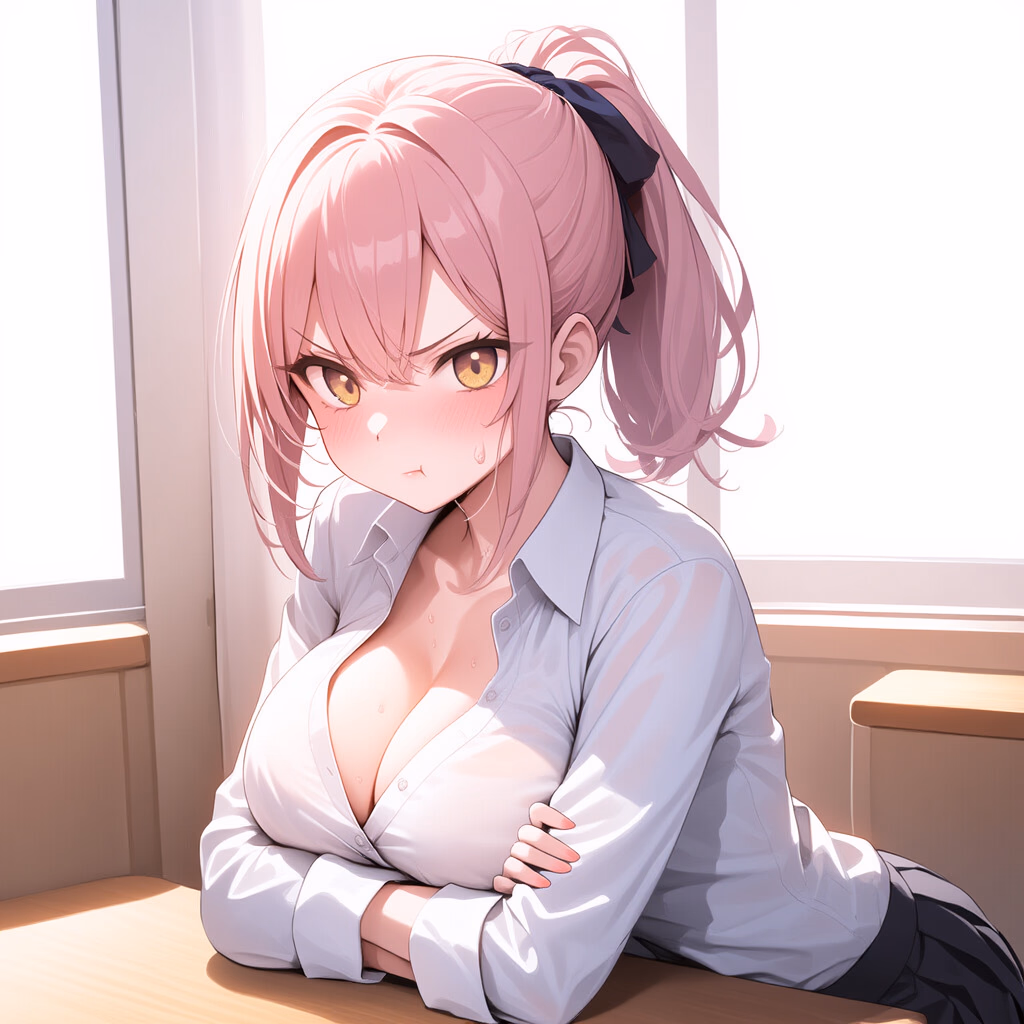 Character image - sitting at desk in classroom, pink hair in high ponytail, wearing unbuttoned white shirt with breast