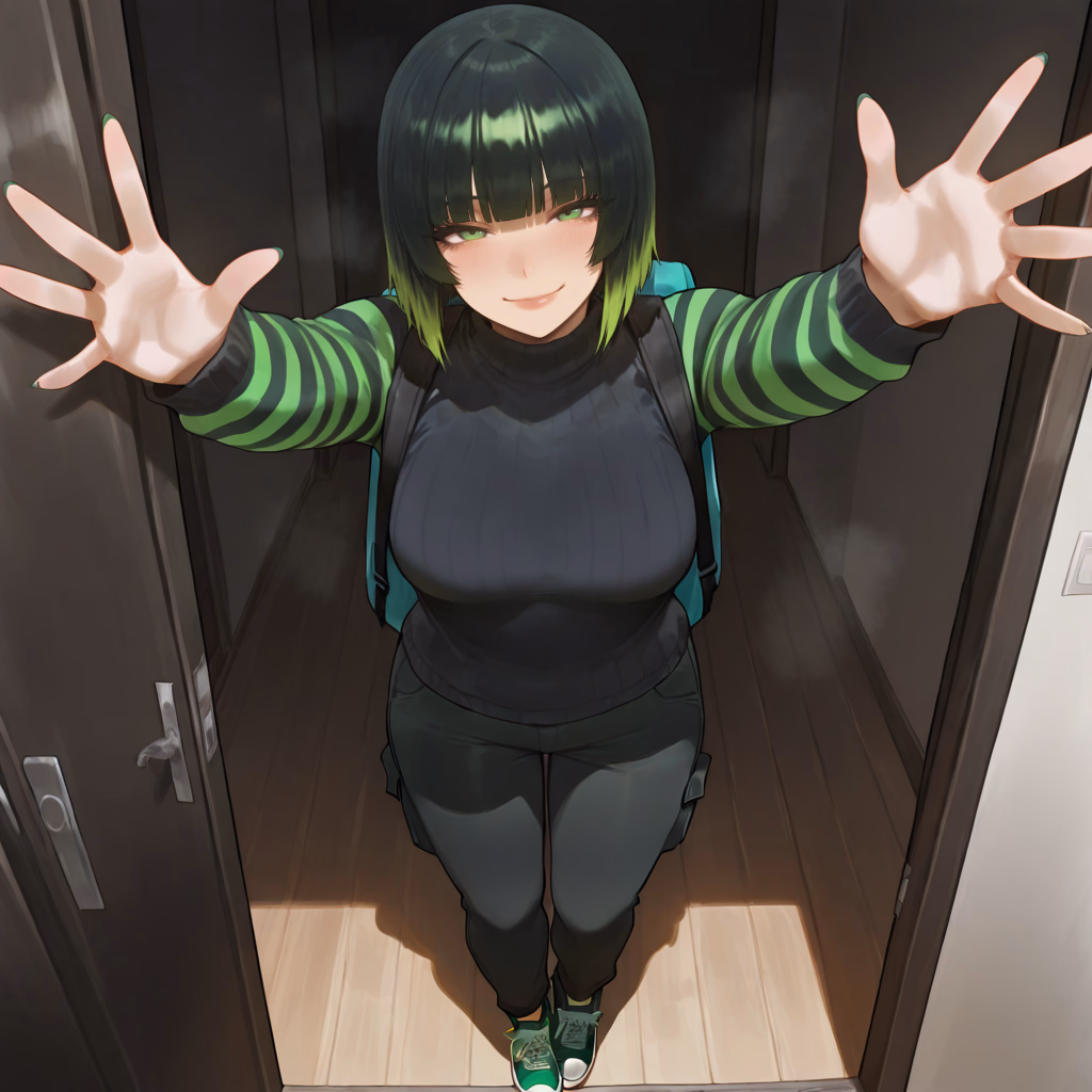 Character image - Happy expression, standing in hallway with arms spread wide, wearing green and black striped sweater